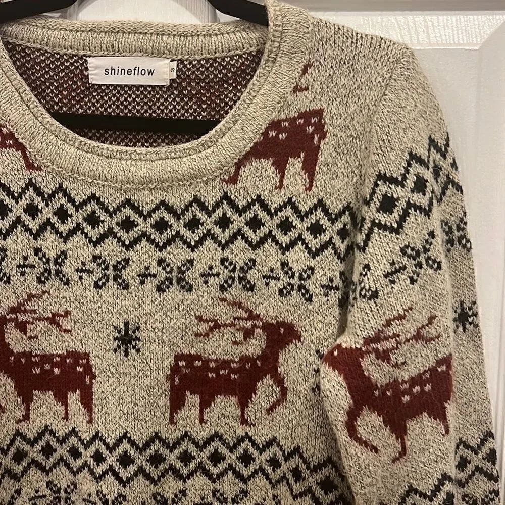 Shineflow Reindeer Patterned Knit Sweater Long Beige Red Small - Picture 5 of 13